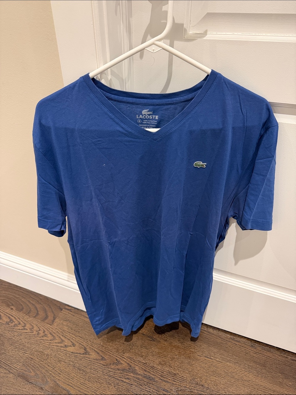 Lacoste Men’s V-Neck T-Shirt in Blue with Green Crocodile Logo